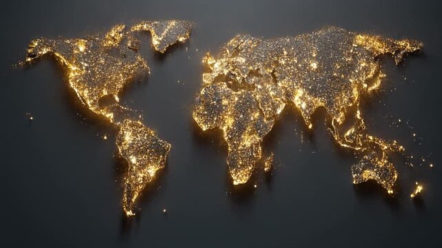 A stylized map of the world rendered in shimmering golden light on a dark gray gradient background