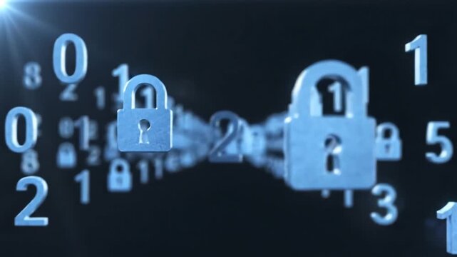 Digital security concept with glowing blue digital locks and binary code flowing in a futuristic abstract cyberspace environment.