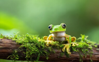 Naklejka premium Close-Up of a Green Tree Frog Resting on a Mossy Branch in Irian Jaya