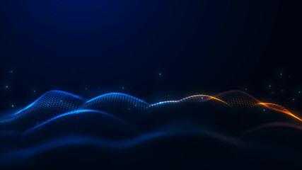 Abstract glowing wave formed by blue and orange particles on a dark background, symbolizing digital data flow, technology, and futuristic innovation.