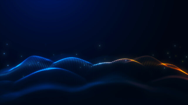 Abstract glowing wave formed by blue and orange particles on a dark background, symbolizing digital data flow, technology, and futuristic innovation.