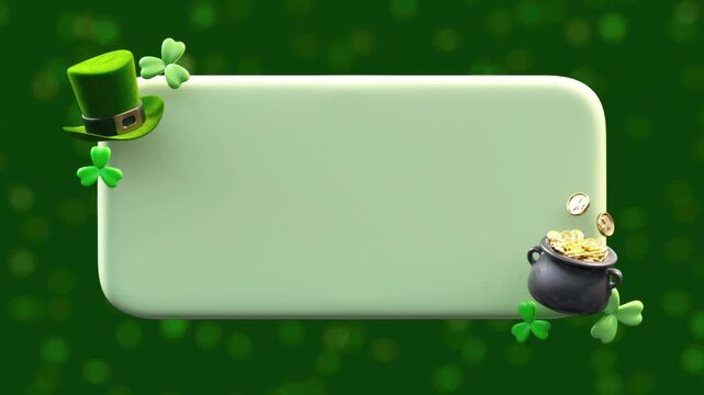 Saint Patricks Day text box looping video with green leprechaun hat, shamrocks and pot of gold on dark green, festive holiday symbols in 3D animation