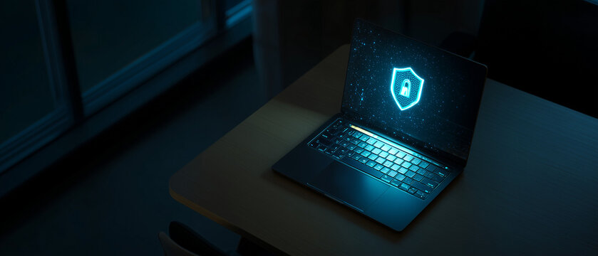 Laptop exibindo s&iacute;mbolo de escudo representando prote&ccedil;&atilde;o digital, seguran&ccedil;a de sistemas e defesa de dados em ambientes corporativos e tecnol&oacute;gicos.