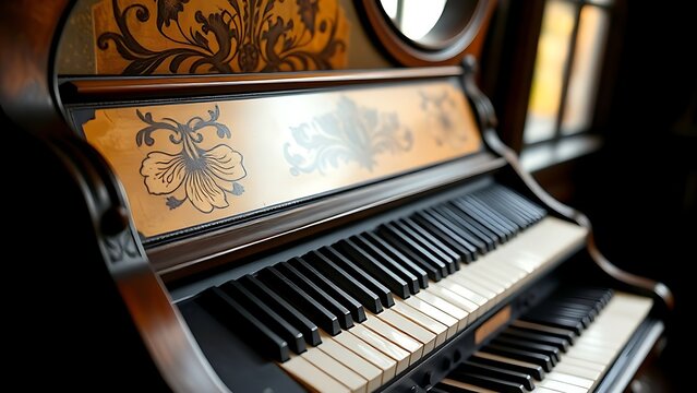 Side view of an antique harpsichord with ornate painted soundboard and floral motifs. event programs, museum guides, designed for cultural heritage projects and event programs.