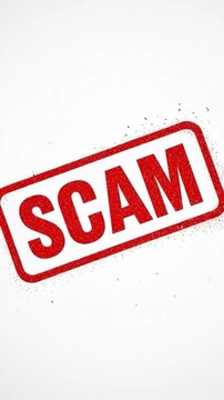Repetitive red stamp with the word "SCAM" moving across a white background, representing deception, fraud, warning, fraudulent scheme, and deceitful practice