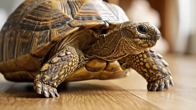 Closeup of a curious tortoise slowly walking across a polished wooden floor indoors showcasing its textured shell and scaly skin in natural light.