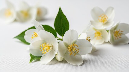 Fototapeta premium Close-up of delicate white flowers with yellow centers and green leaves against a white backdrop