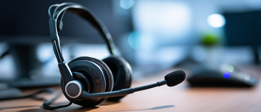 Headset sobre mesa representando atendimento ao cliente, suporte t&eacute;cnico e call center, conceito de comunica&ccedil;&atilde;o empresarial e servi&ccedil;o de suporte ao consumidor
