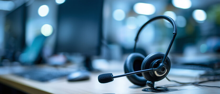 Fone de ouvido com microfone simbolizando suporte ao cliente e atendimento corporativo, conceito de call center, comunica&ccedil;&atilde;o e assist&ecirc;ncia t&eacute;cnica empresarial