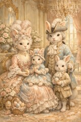 Rococo Easter Bunny Family in Aristocratic Pastel Palace Interior