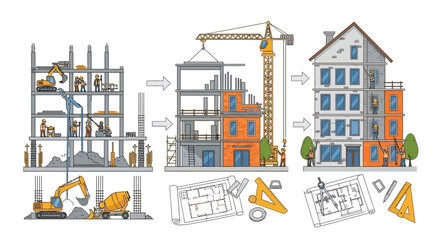 Naklejka premium A detailed illustration showing the three-stage process of building construction, from initial foundation and structural framework to exterior finishing and a completed multi-story building.