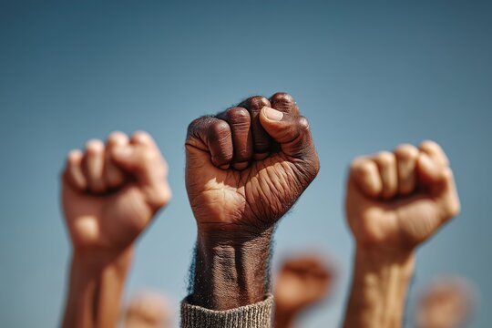 Raised Fists Against Clear Blue Sky: Symbol of Unity and Empowerment