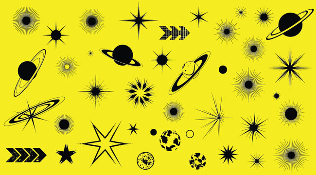 Collection of various celestial objects and starburst explosions on bright yellow background