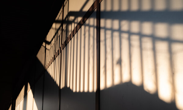 Abstract shadows of metal bars cast on a wall by warm sunset light. Restriction, confinement, freedom, separation, boundaries, loneliness and urban atmosphere. Minimalist background with shadow