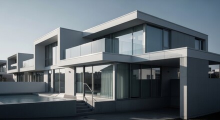 Fototapeta premium Modern architecture, luxury home and contemporary design for exclusive residential living with family enjoying outdoor space and swimming pool area. Minimalism, elegance and sophistication with