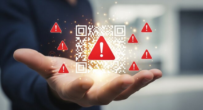 QR Code Security Warning Alert Concept, Digital Data Breach Risk, Red Exclamation Mark Icons, Hand Holding Technology, Cybersecurity Threat, 3D Render