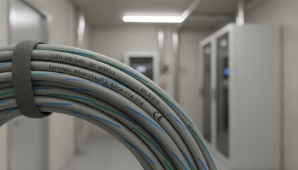 Close up of electrical cables in a server room with intricate wiring details and industrial lighting.