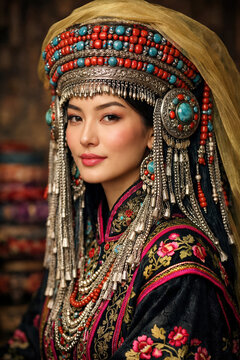 Portrait d'une femme en costume traditionnel orn&eacute; de corail et de turquoise.