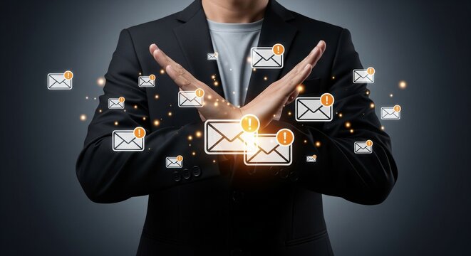 Man blocking incoming emails with crossed arms, digital envelopes with notification icons, concept of email overload and spam protection, dark background, digital art