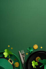 Naklejka premium Overhead vertical St. Patrick's Day table scene with a green hat, paper shamrocks, gold coins and cutlery arranged on a dark green textured background for a festive holiday dinner