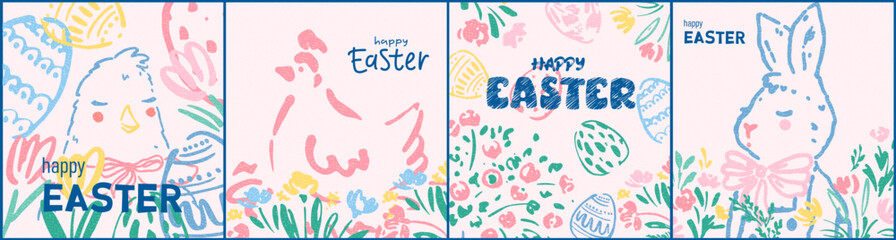 Easter design. Hand drawn cute eggs, flowers, bunny, chicken. Colorful vector spring illustrations, cards. Holiday card, banner, cover. © olechkaart