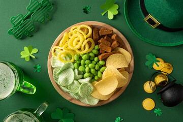 Fototapeta premium Vibrant St Patrick's Day themed snack board with green chips peas cucumber rounds and crackers. Festive leprechaun hat and shamrock decor create a lively holiday mood
