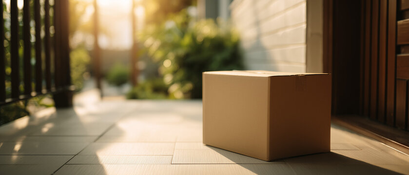 Caixa de entrega posicionada na porta de casa representando servi&ccedil;o de entrega, log&iacute;stica moderna e compras online no com&eacute;rcio eletr&ocirc;nico.