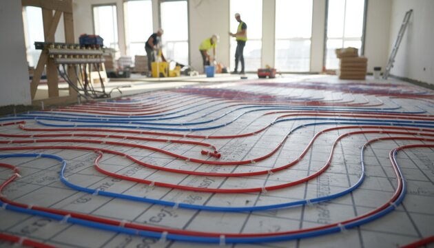 Construction workers installing intricate underfloor radiant heating system with red and blue pipes on building floor