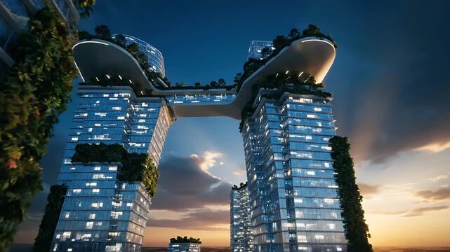 Low angle shot of futuristic green buildings connected by skybridges in a modern city at sunset.