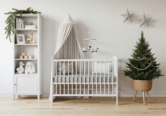 Cozy white nursery with crib, shelving unit, and small christmas tree isolated on white background