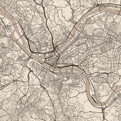Obraz premium Pittsburgh City Map explore the intricate black and white blueprint of the urban landscape where each line and angle tells the story of a structured sepia toned grid, emphasizing refined linework.