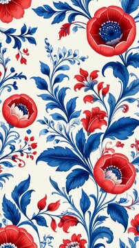 Seamless floral pattern with red and blue stylized flowers on a cream background