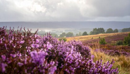 Fototapeta premium Blooming purple lavender field glistens after rain under cloudy sky