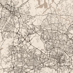 Fototapeta premium Raleigh and Durham City Map explore the elegance of a meticulously crafted sepia outline where every line and angle of the structured grid speaks to the refined symmetry of urban design.