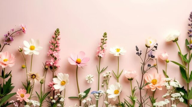 Delicate pastel garden border with pink and white cosmos flowers and green foliage