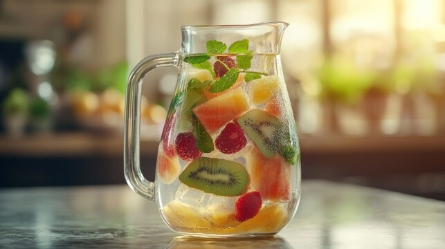 Refreshing fruit drink in a glass pitcher