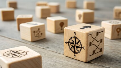 Fototapeta premium Wooden cubes with compass and network icons on a wooden surface navigation direction