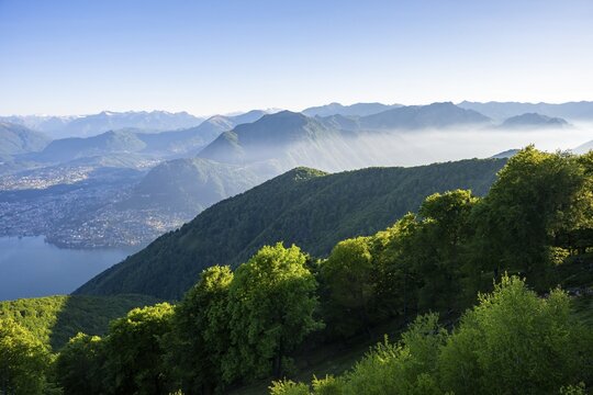 View of Lake Lugano and Lugano from Mount Sighignola, Balcone Svizzero, Tessin, Switzerland