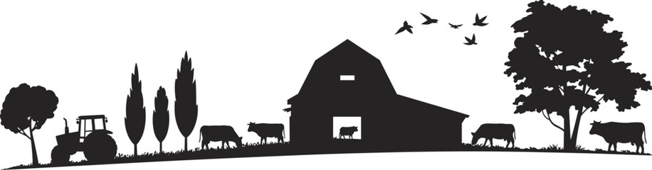 Rural farm landscape silhouette vector illustration, barn tractor cows trees birds countryside agriculture panorama isolated on white background design art © MstMonowara