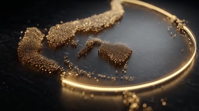 A computer-generated graphic showcasing gold particles forming a stylized shape and a glowing outline