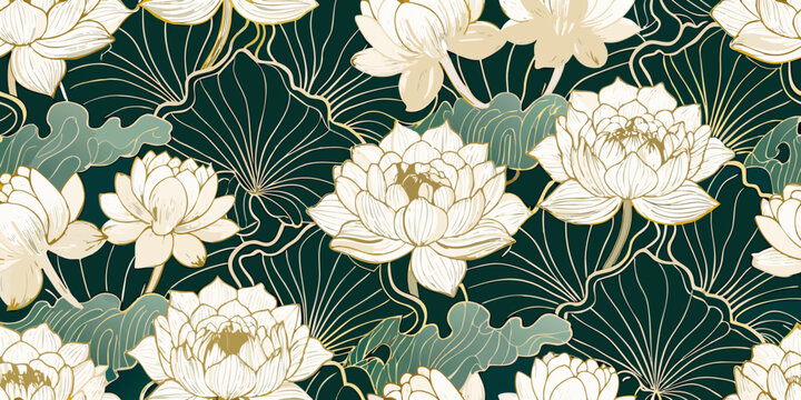 Elegant floral pattern featuring golden line art and lotus blossoms