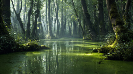 Obraz premium A serene and mystical forest with a tranquil body of water surrounded by tall trees and lush greenery