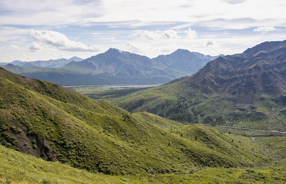 Tundra and mountainous landscape of the Alaska Range, Sable Pass, Denali National Park and Preserve, Alaska, USA