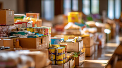 Fototapeta premium A large collection of food and supplies stacked on tables indoors