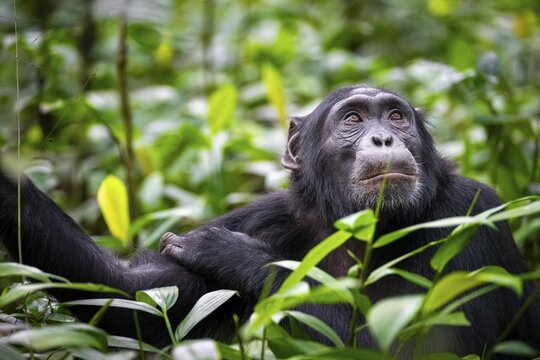 Animal portrait, chimpanzee (Pan Troglodytes) looking longingly, hopeful, adult male between leaves in the jungle, Kibale National Park, Uganda