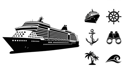 Cruise ship silhouette with nautical elements, perfect for travel and adventure themes. © Bakti