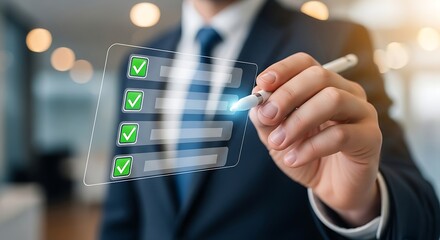Businessman confirming checklist items with digital pen in modern office