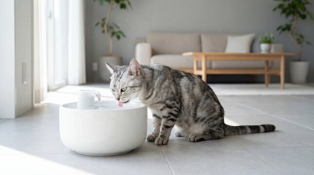 A curious cat drinking from a modern water fountain in a bright and airy living room with a comfortable couch and plants.