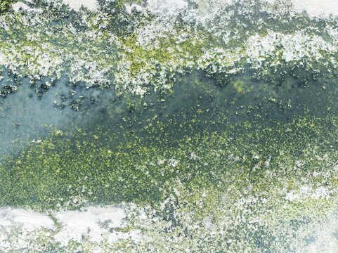 Detail of salt marshes near Sanl&uacute;car de Barrameda. Aerial view. Drone shot. C&aacute;diz province, Andalusia, Spain