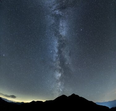 Milky Way and starry sky with Montafon mountains, Tschagguns, R&auml;tikon, Montafon, Vorarlberg, Austria